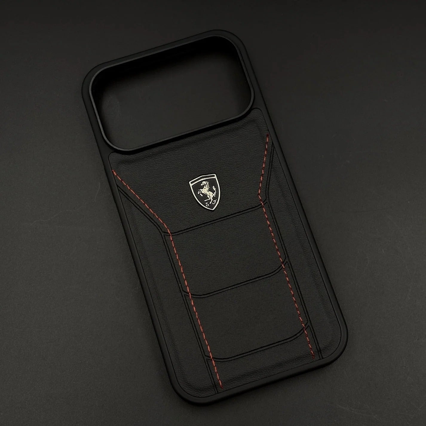 iPhone 17 Pro Max Ferrari Sports Car Heritage Leather Stitched Case - Black