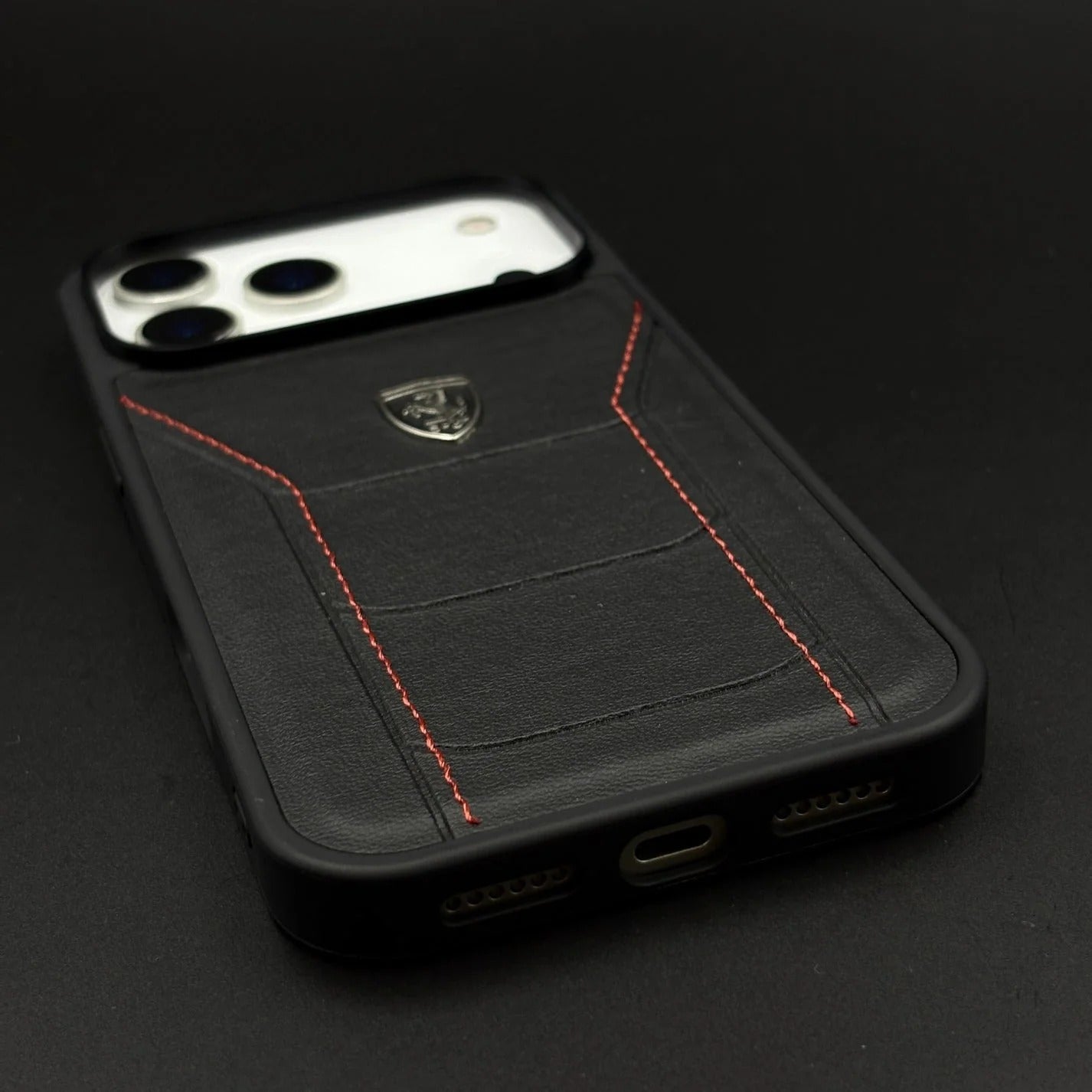 iPhone 17 Pro Max Ferrari Sports Car Heritage Leather Stitched Case - Black
