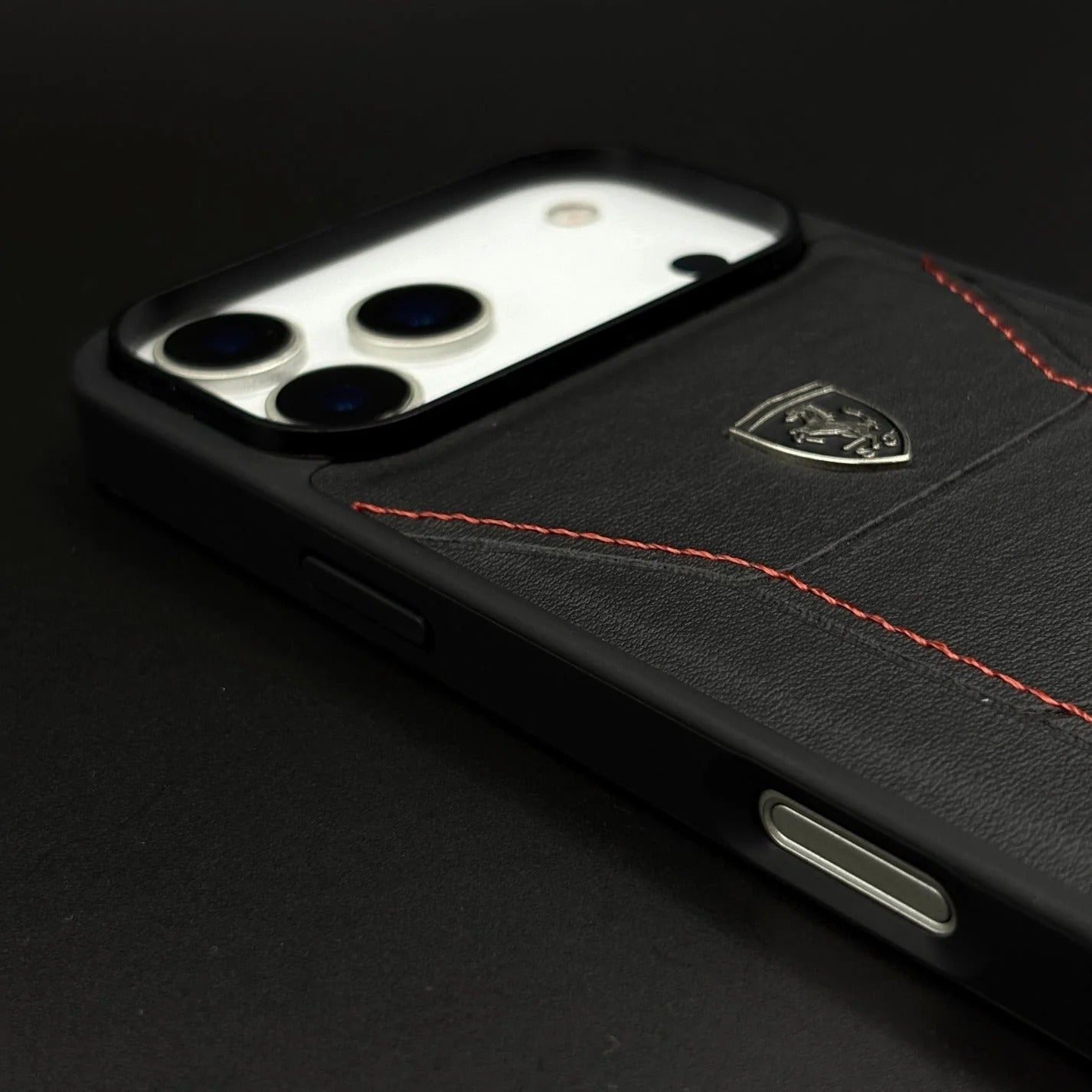 iPhone 17 Pro Max Ferrari Sports Car Heritage Leather Stitched Case - Black