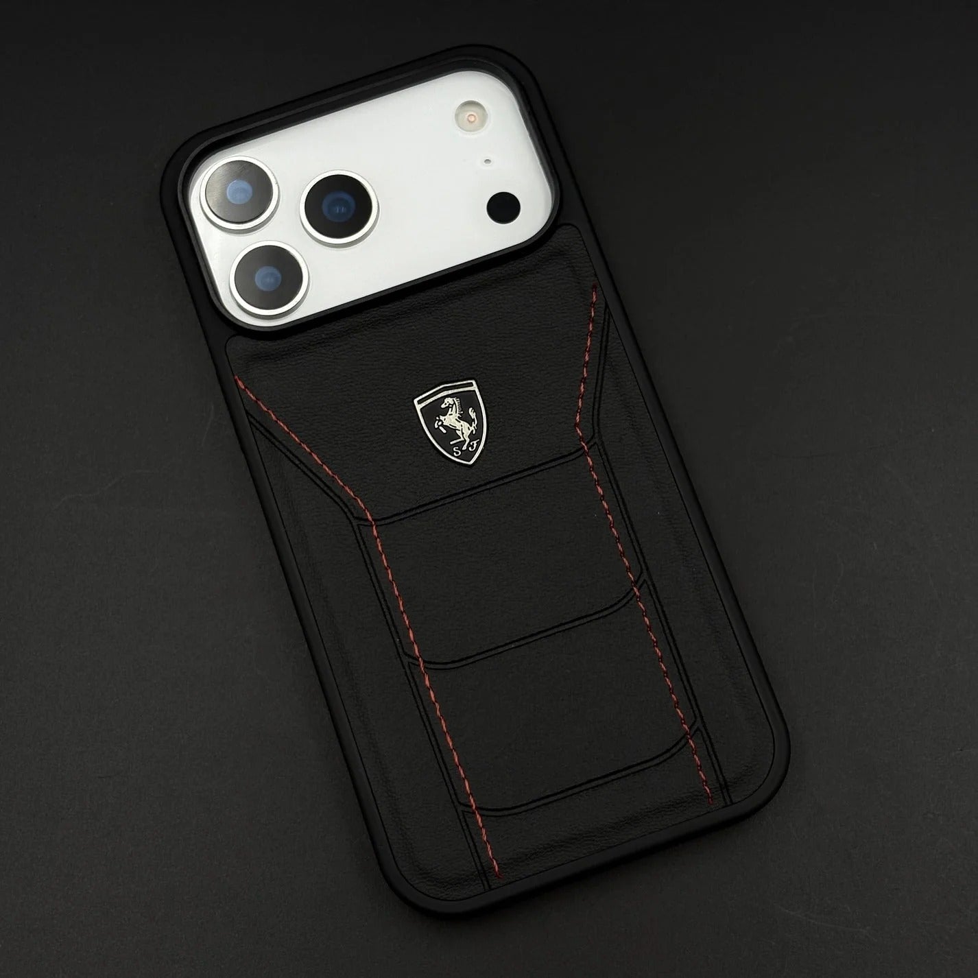 iPhone 17 Pro Max Ferrari Sports Car Heritage Leather Stitched Case - Black